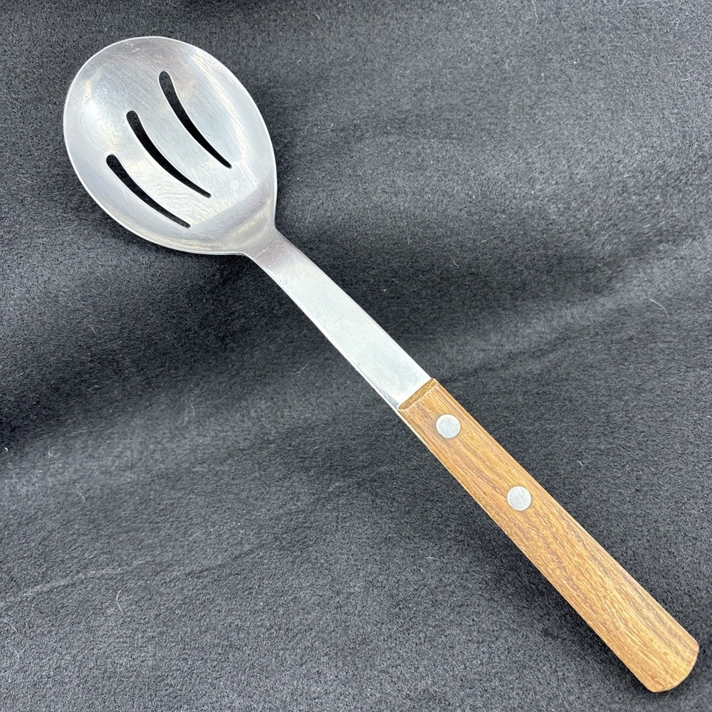Vintage NO AD Barretts Japan Slotted Stainless Serving Spoon Wood Handle 10" EUC
